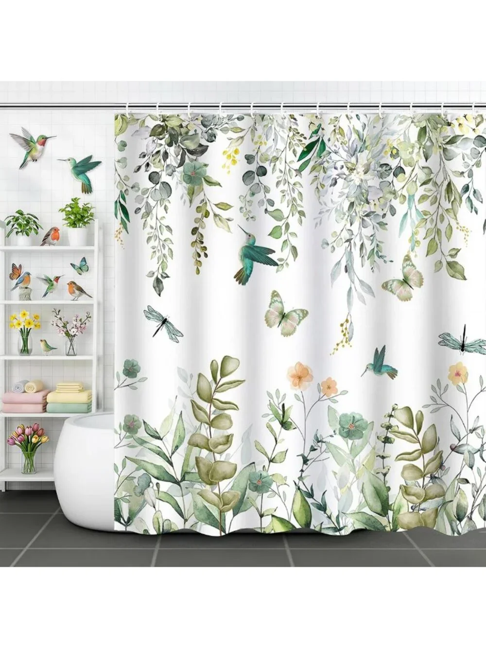Botanical Shower Curtain - Sage Green Eucalyptus Leaves & Birds, Waterproof